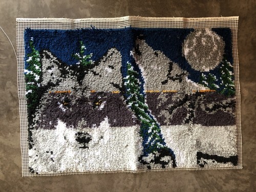 completed vtg Wonderart Midnight Wolves Latch Hook Kit 27