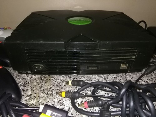 As Is Microsoft Xbox Original Black with cords and 6 AS IS Controllers