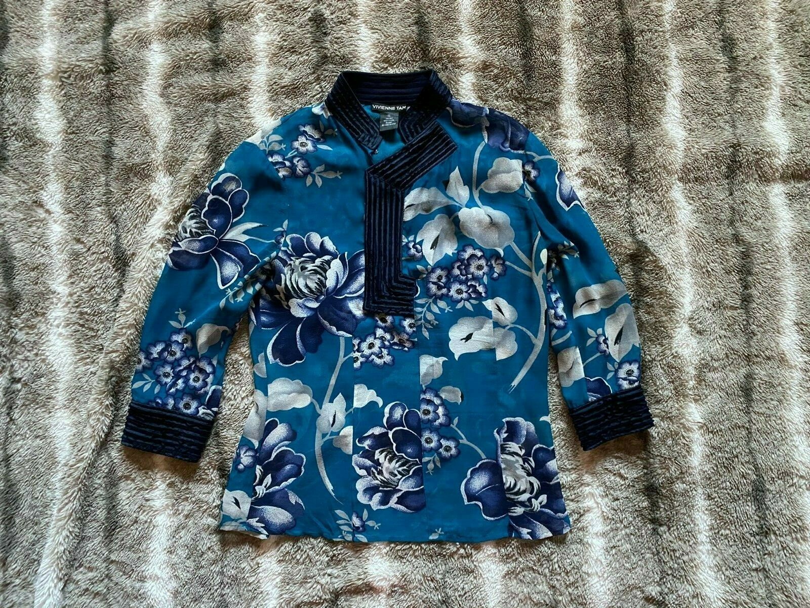 VTG Vivienne Tam Blue Floral Silk Sheer Oriental 3/4 Sleeve