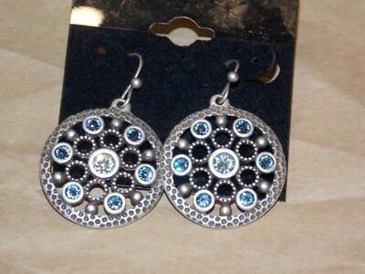 TC Swarovski Crystal Blue Rhinestone Medallion Silvertone Dangle Earrings
