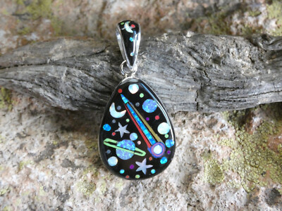 Night Sky Satun Stars Moon Inlay Gemstone Fire Opal Sterling Silver Pendant R5