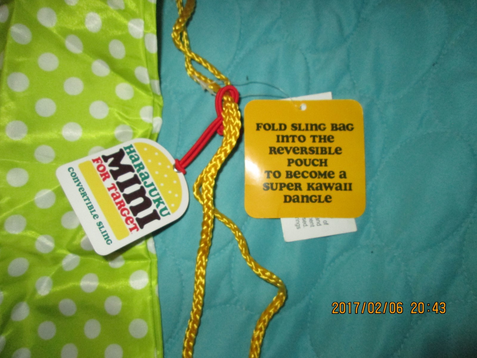 Sling bag that folds into a super Kawaii Dangle- green w/ white polka dots