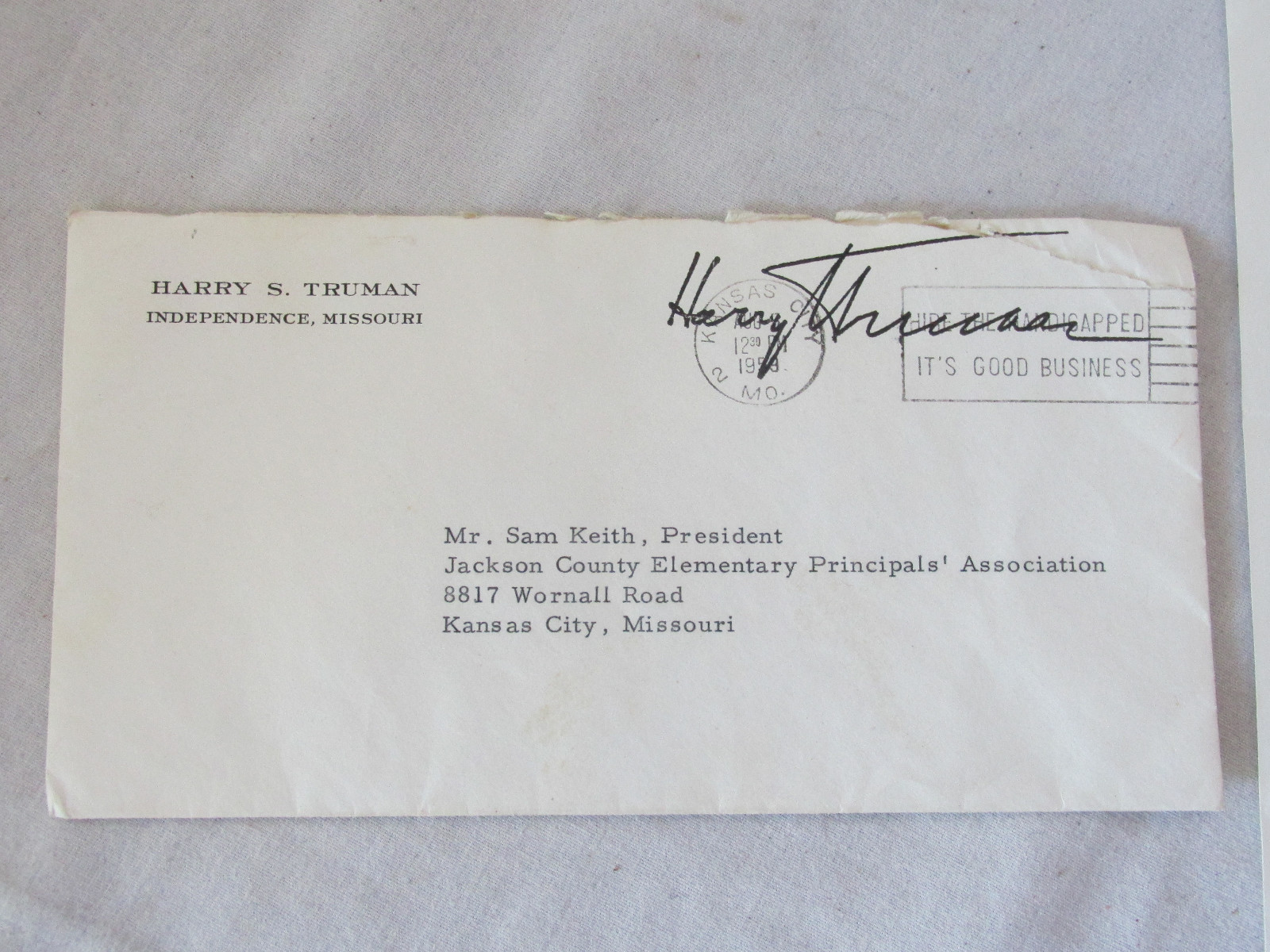 Harry Truman Signed letter to Principles Association Missouri 1959 w Envelope