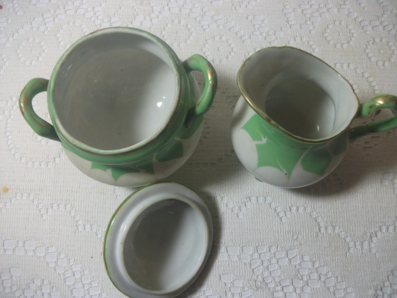 Antique - Vintage Sugar & Creamer Green & White Bird Design