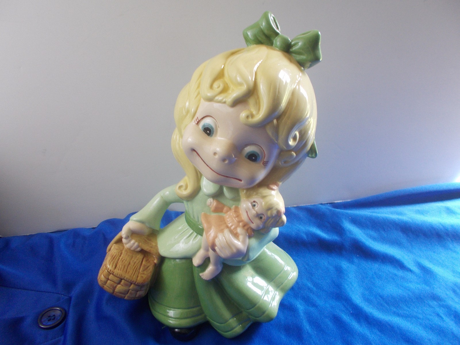 Atlantic mold girl green dress doll basket statue figure ceramic 11”  Vintage
