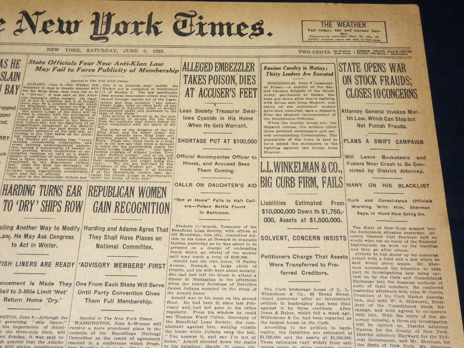 1923 JUNE 9 NEW YORK TIMES NEWSPAPER - L. L. WINKELMAN & CO 1923 JUNE 9 NEW YORK TIMES NEWSPAPER - L. L. WINKELMAN & CO