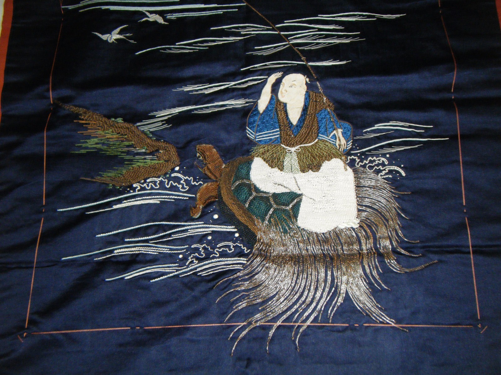 Rare Embroidered Antique Meiji Japanese Silk Fukusa Gift Covering Tapestry