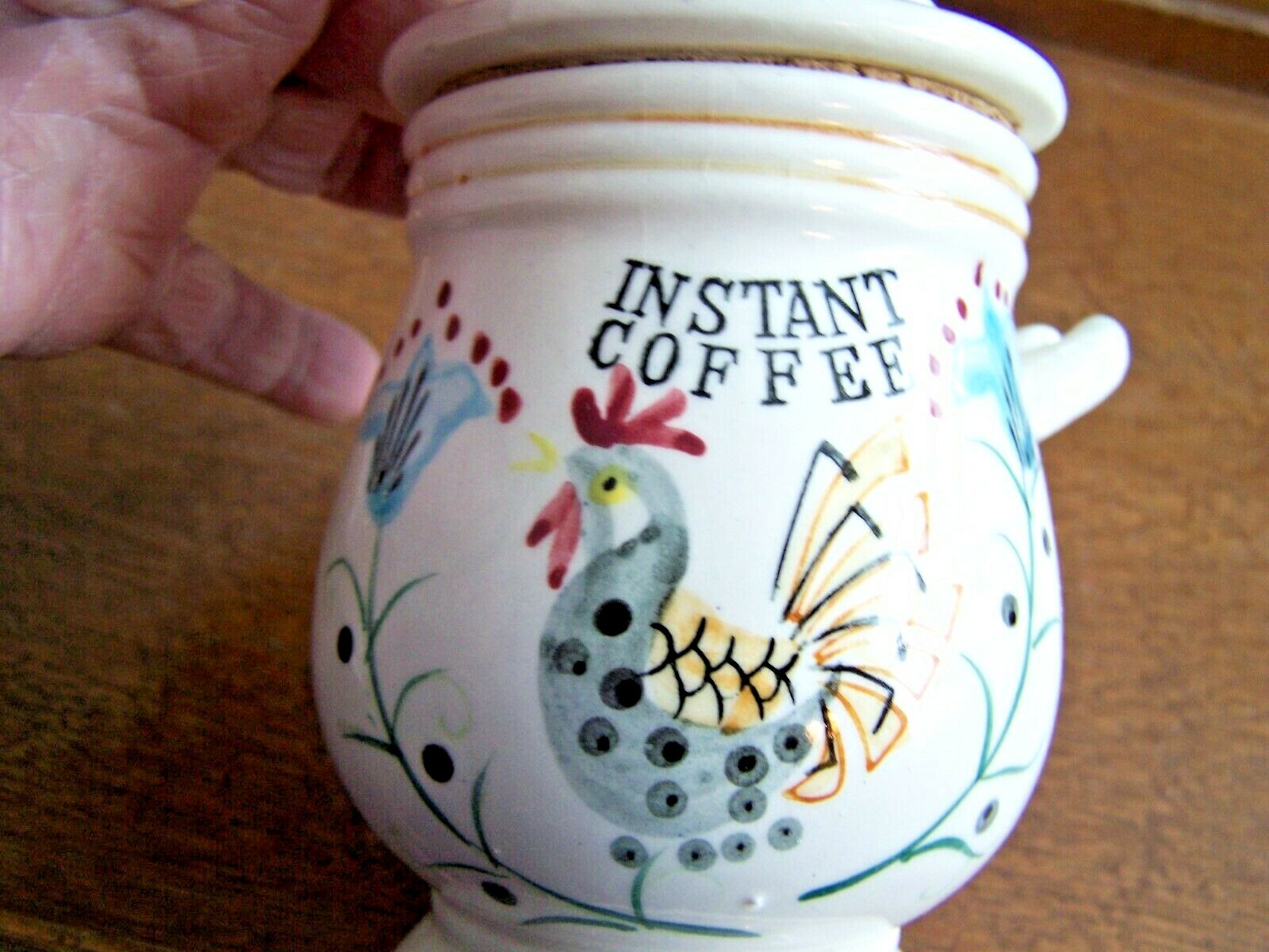 INSTANT COFFEE CERAMIC HOLDER--UNMARKED-NO SPOON-ROOSTER DESIGN