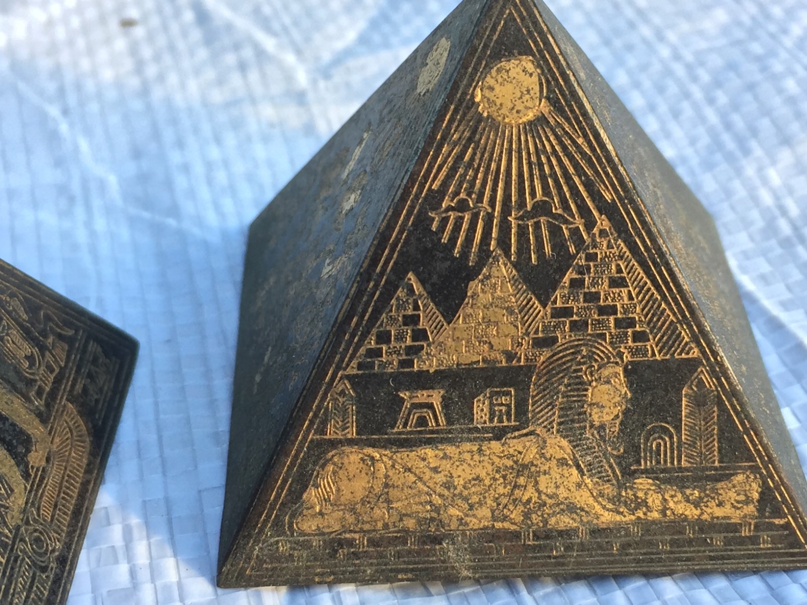 Vintage Set 2 Brass Pyramid From Egypt Detailed Etching On All Sides Quality