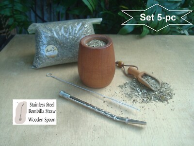 5 Pc Argentina Yerba Mate Tea Gourd 6 Oz Cup Bombilla Combo Leaf Bag Spoon Wood