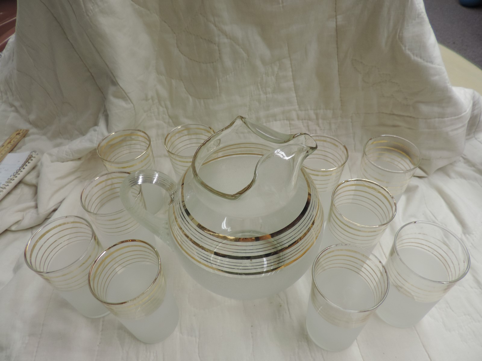 Vintage Frosted Clear Ball Pitcher Gold Accents With 10 Frosted Glasses
