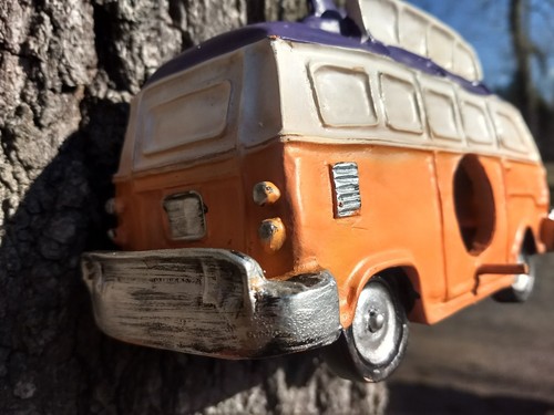 New old 1960's hippy purple orange Volkswagen van bus ceramic birdhouse