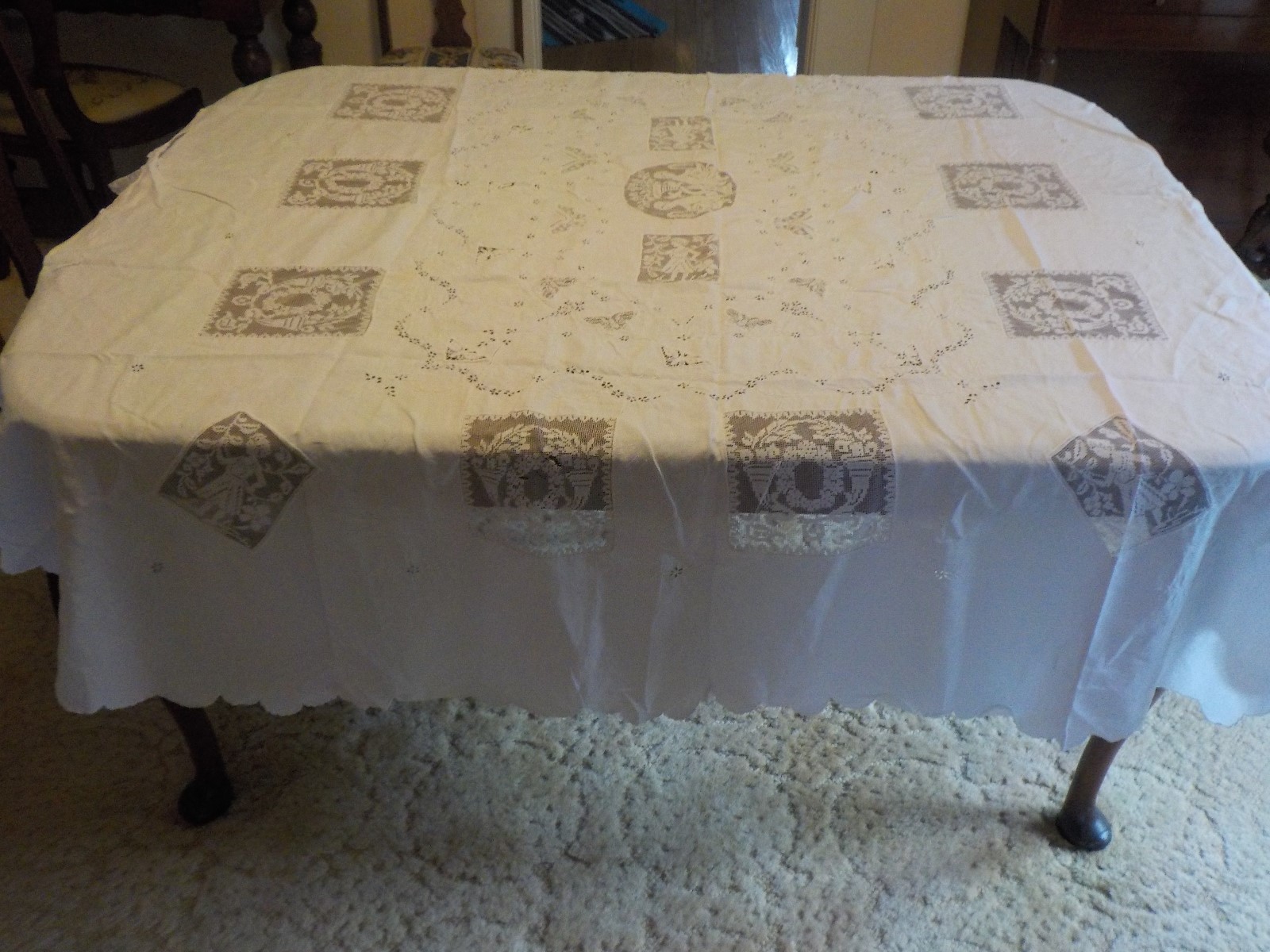 Vintage  LARGE Handmade Embroidered Lace Tablecloth
