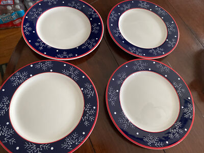 4 DEBBIE MUMM SNOWFLAKE SNOWMAN PORTRAITS DINNER PLATES ZAK DESIGNS BLUE 3-D