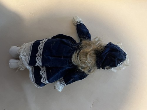 VINTAGE EMSON VICTORIA PORCELAIN DOLL  BLUE DRESS WITH LACE