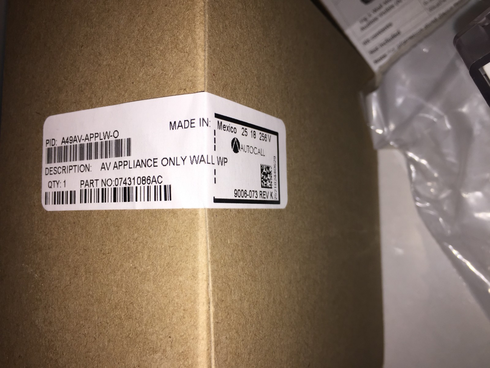 Tyco Fire & Security A49AV-APPLW-O AV Appliance Only Wall WP PN07431086AC