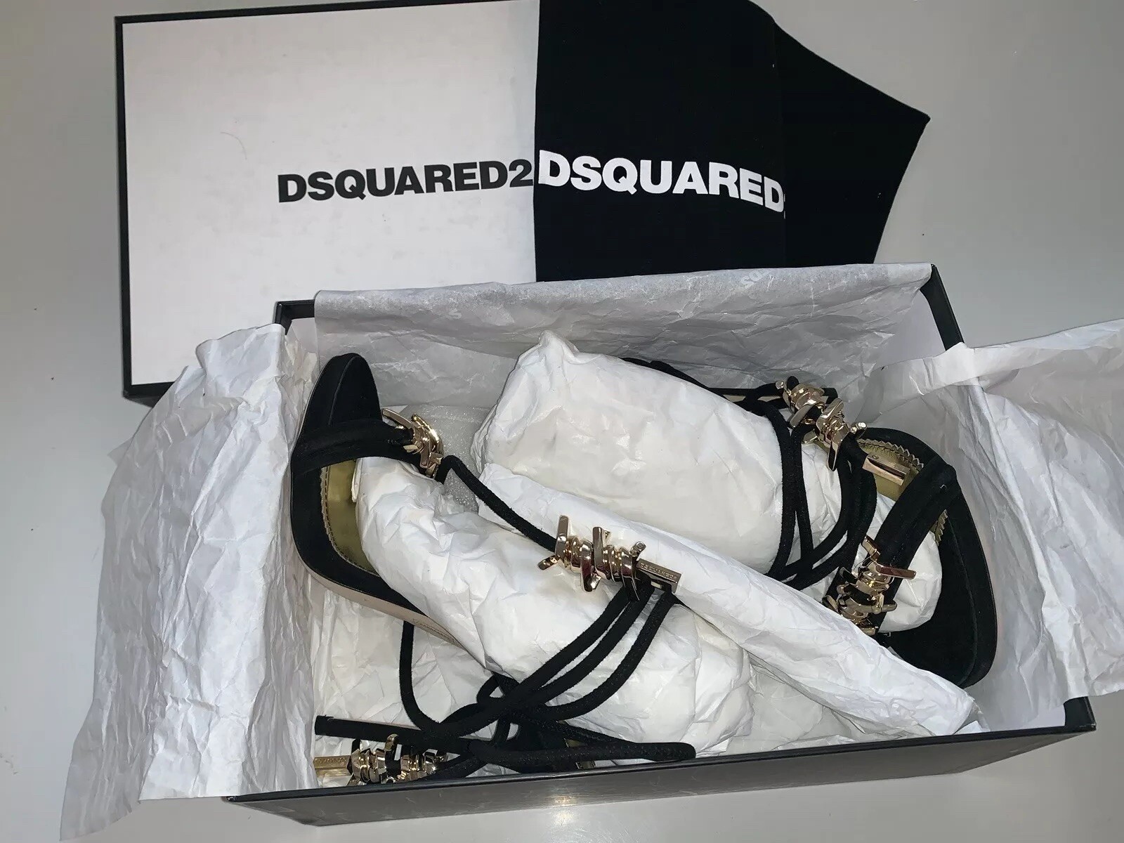 Pre-owned Dsquared2 $1140  6.5/37 Black Babe Barbed Wire Suede Ankle Tie Stiletto Sandals