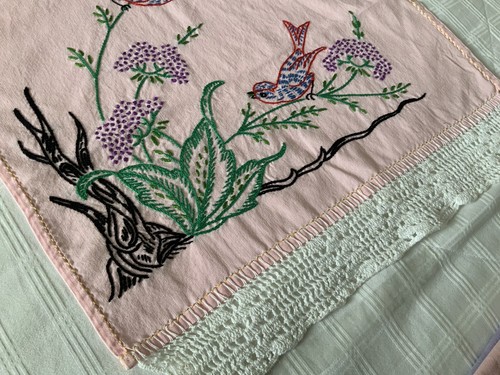 Pink Folk Art Dresser Scarf With Southern Belle, Birds, Flowers 63x16 Cotton
