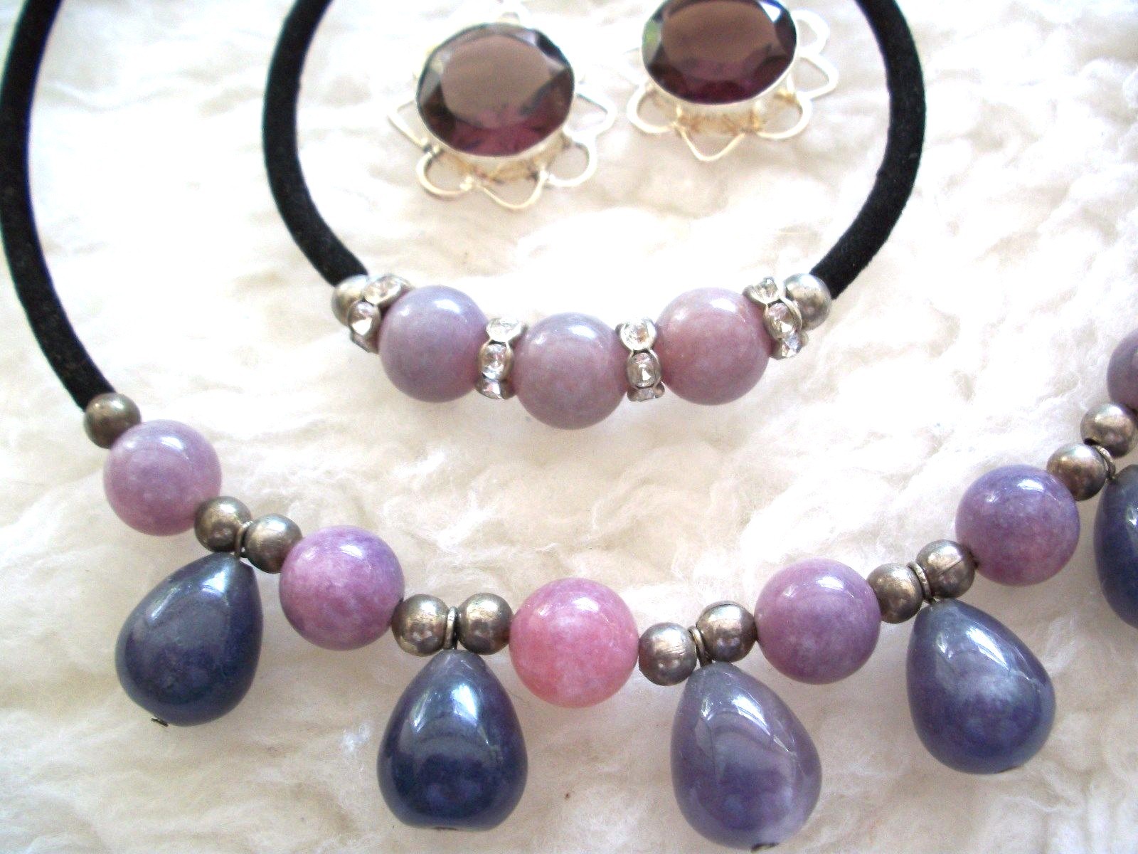 Beaded Choker Bracelet Pierced Earrings Set Black Purple Silver New Xmas Gift