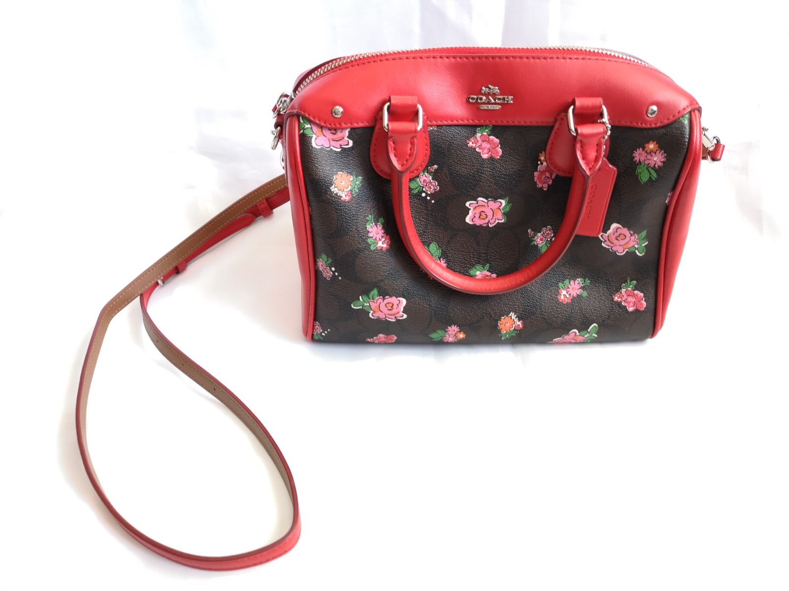 COACH F57534 RED BROWN FLORAL PRINT Mini Boston Bag LEATHER COACH F57534 RED BROWN FLORAL PRINT Mini Boston Bag LEATHER