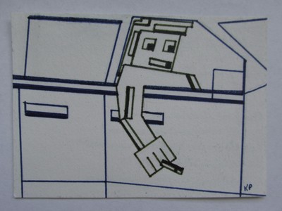 ACEO Original Art, Simply Waiting, Drawing, person smoking line abstract truck