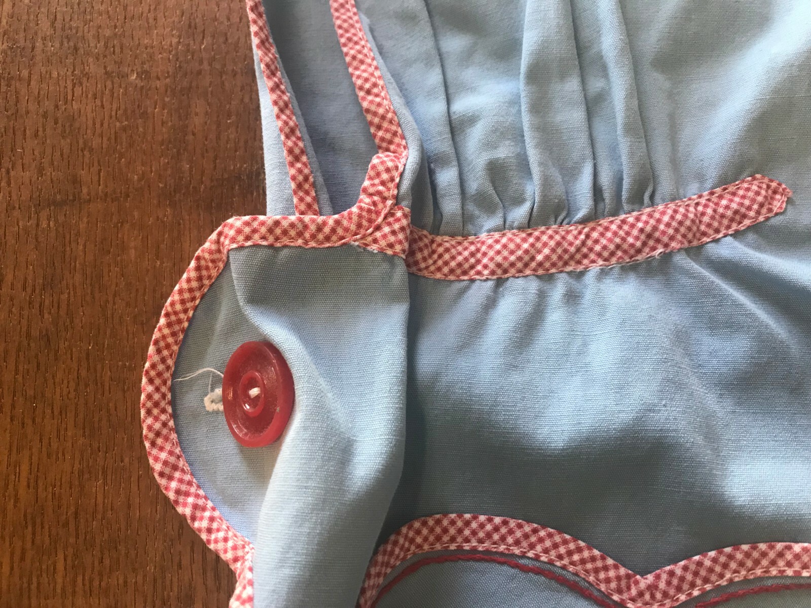 Darling Vintage Blue Smock Granny Craft Apron Red Gingham Trim Flower Pocket