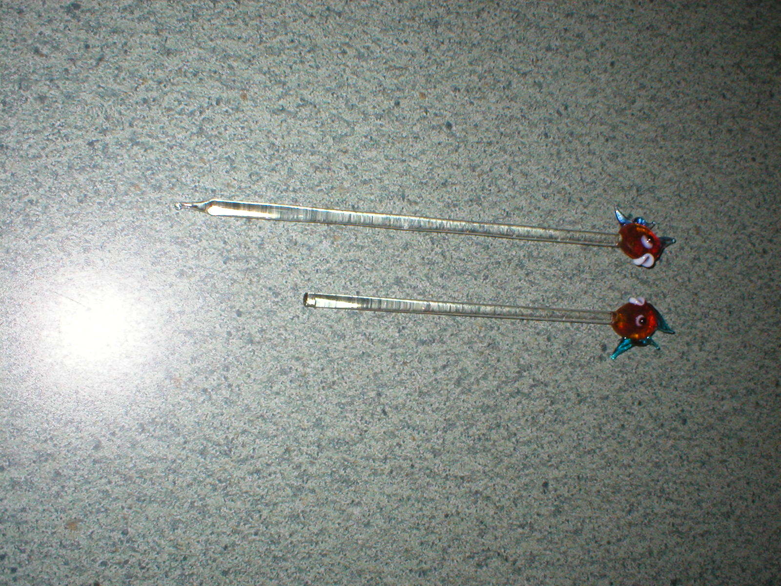 2 VTG Blown Art Glass Red/Blue Fish Swizzle Sticks Stir Pick Sticks 6 5/8