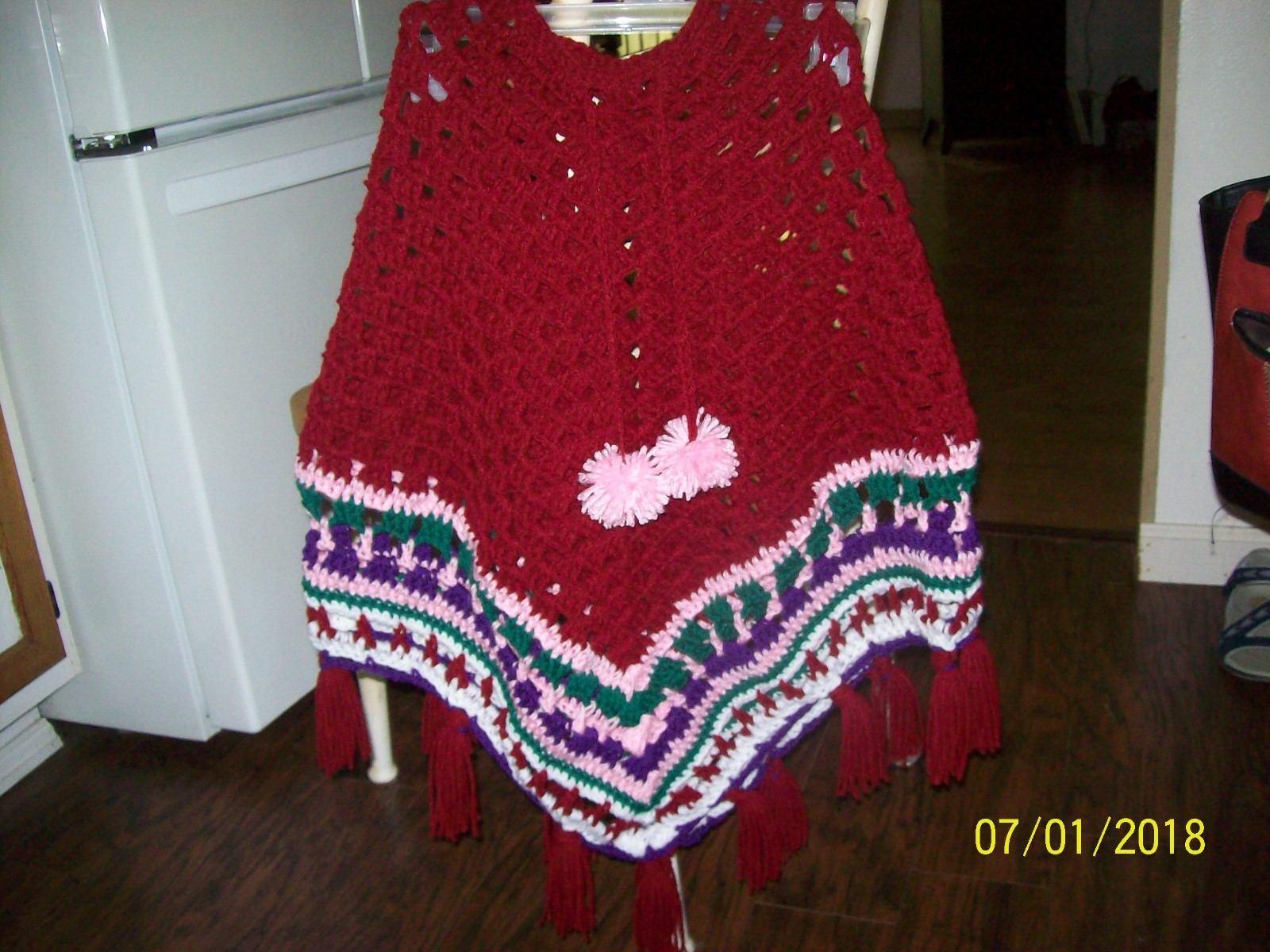 Handmade Girls Crochet Poncho with fringes and pom pom (age 5-7)