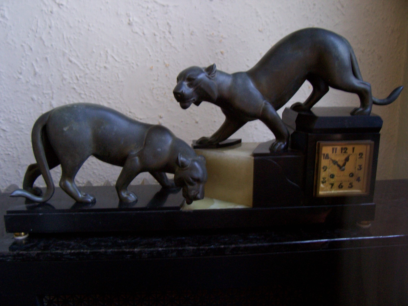 ANTIQUE I. ROCHARD ART DECO MARBLE,ONYX FIGURAL CLOCK TWO LIONESS  27 X 14 1/2