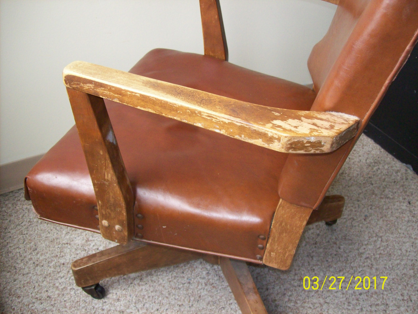 Antique Leather Office Chair – Rocks -- Swivels - Needs some work