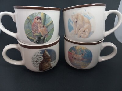4 National Wildlife Federation Coffee Mugs Cups Owl Polar Bear Cub Wolf Deer Elk