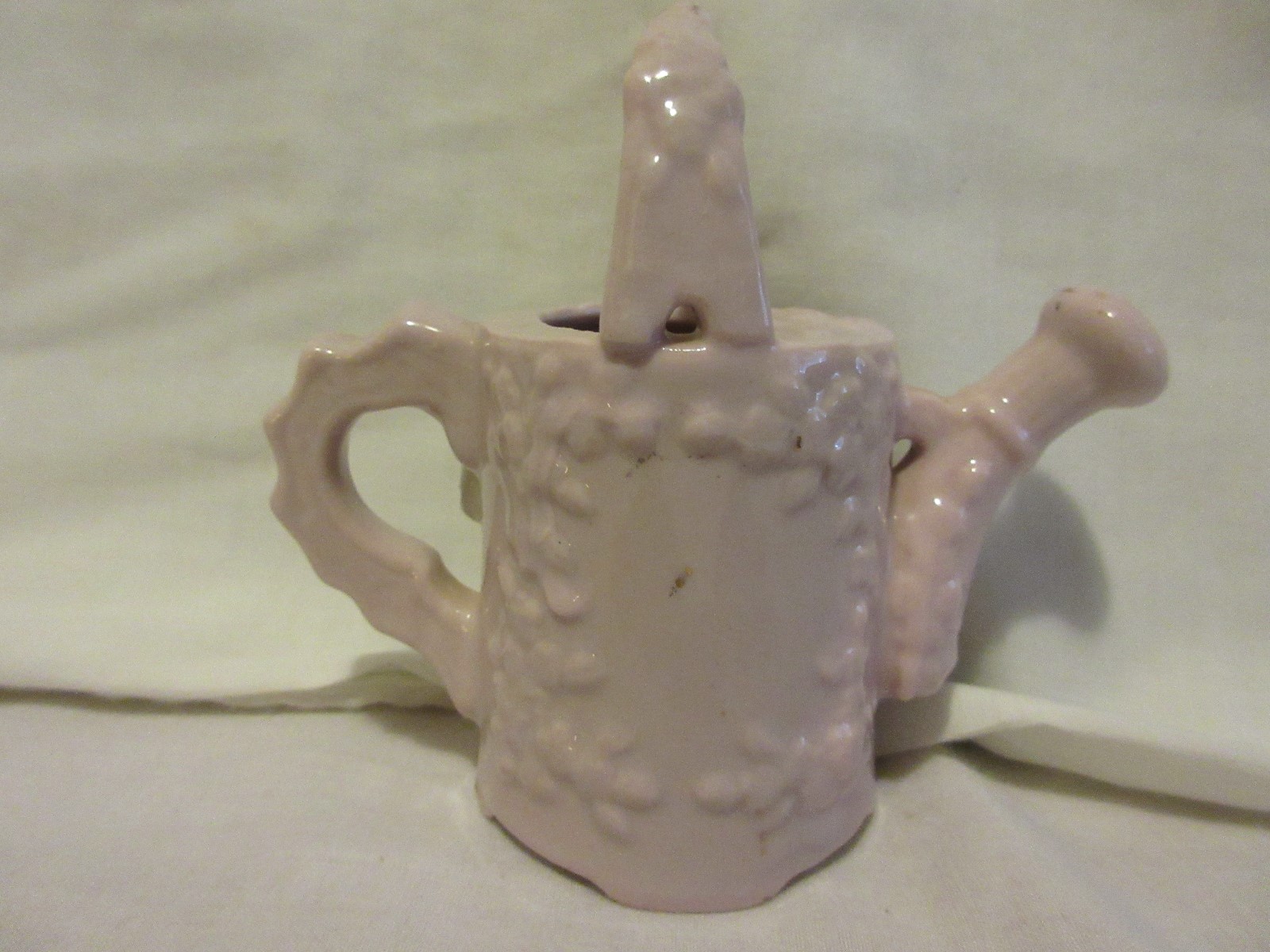 Vtg Porcelain Pink Watering Can Pitcher W/Raised White & Gold Roses - 52 of 65