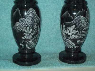 Older Pair Of Landscape & Seascape Design Marble Vases    w/ Asian Mark