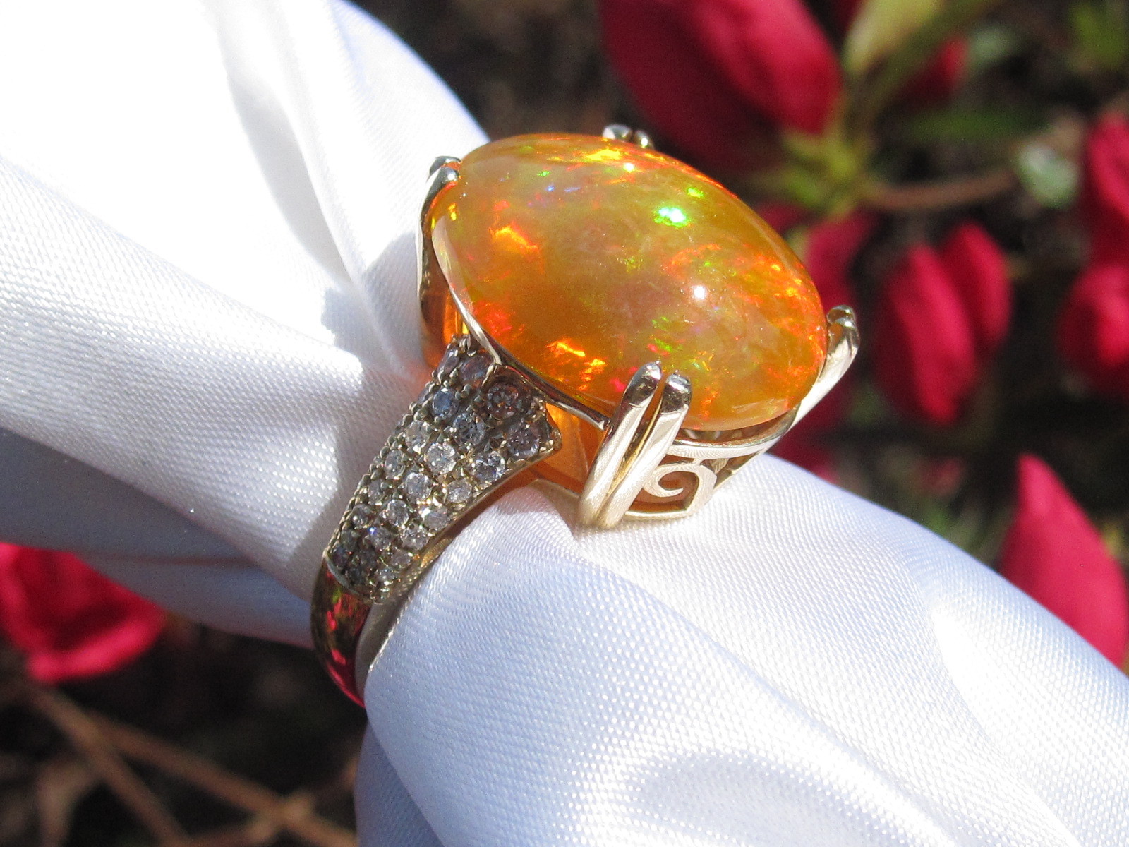 Opal Diamond Ring Ethiopian Orange 14K Yellow Gold Cabochon Fine Jewelry Size 7