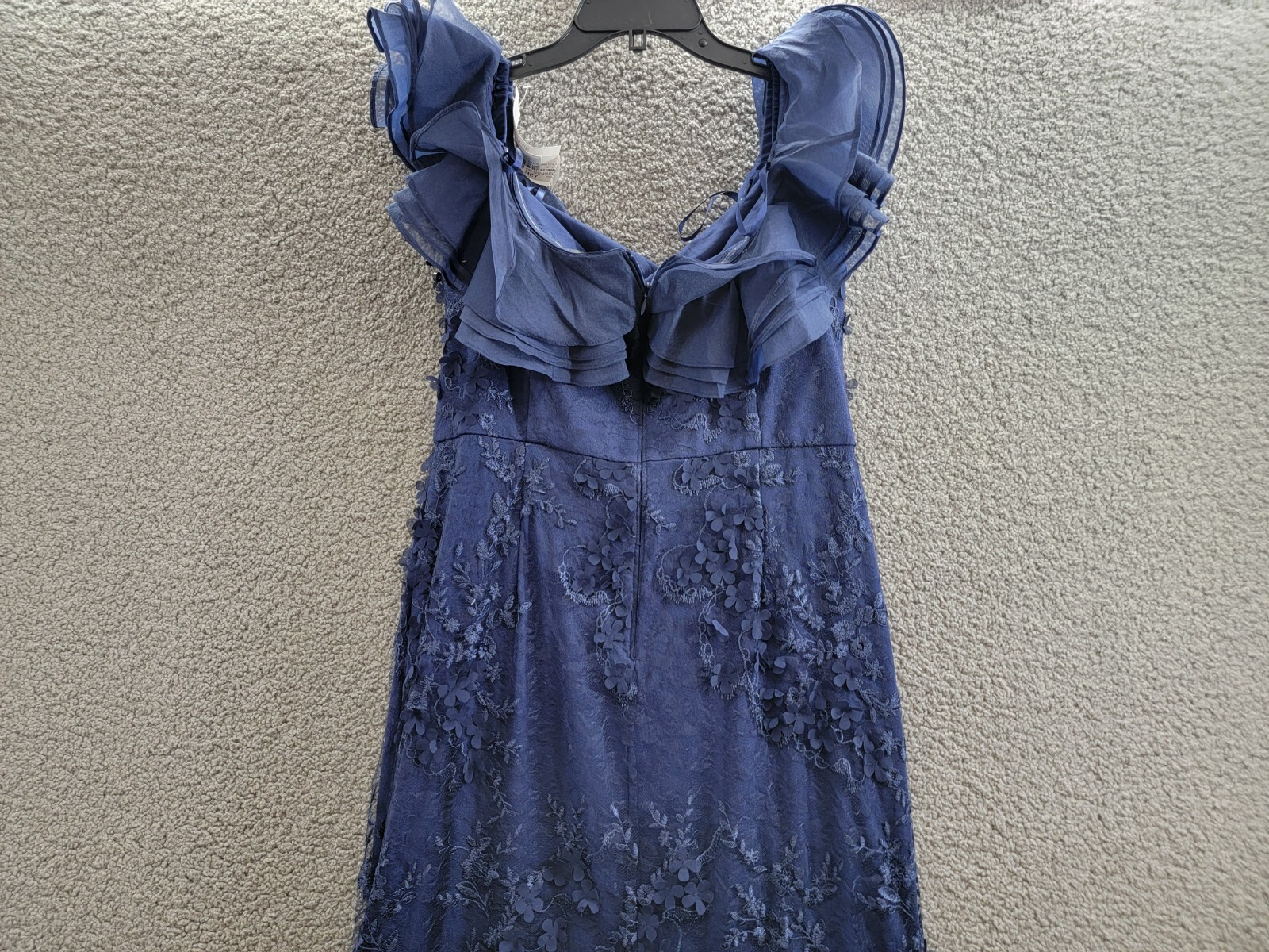 Adrianna Papell Ruffled Embroidered Mermaid Gown Women's 14 Navy 3D Floral Zip - Picture 10 of 17