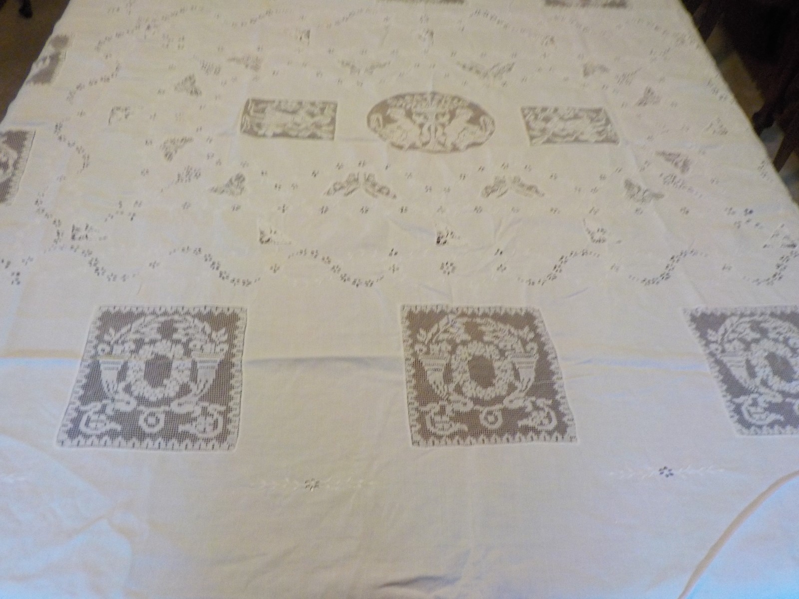 Vintage  LARGE Handmade Embroidered Lace Tablecloth