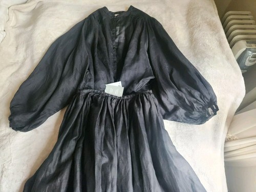 Pre-owned H&m Ramie Set Balloon-sleeved Blouse Sz M + Maxi Skirt Sz 10  Collection In Black