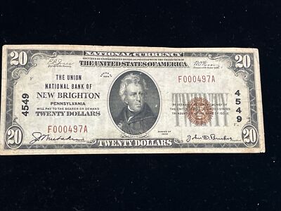 1929 $20 UNION NATIONAL BANK NEW BRIGHTON PA NATIONAL CURRENCY CH# 4549