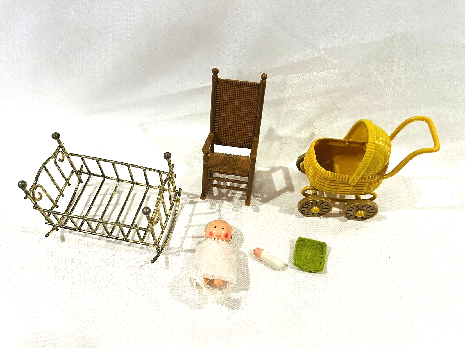 Vtg Dollhouse Baby Doll Bottle Stroller Rocking Chair Brass Crib Mixed Lot of 6