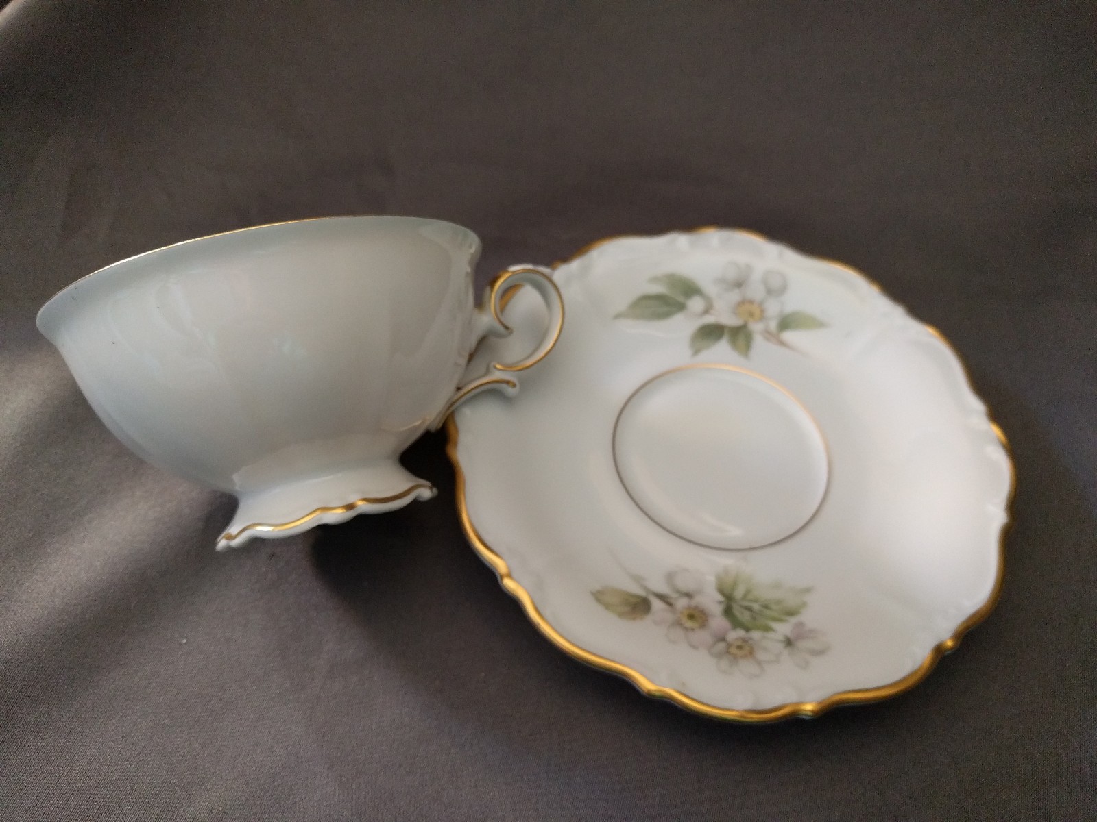 P T Tirschenreuth Tea Cup Saucer White Gold Trim Orange Blossoms Germany