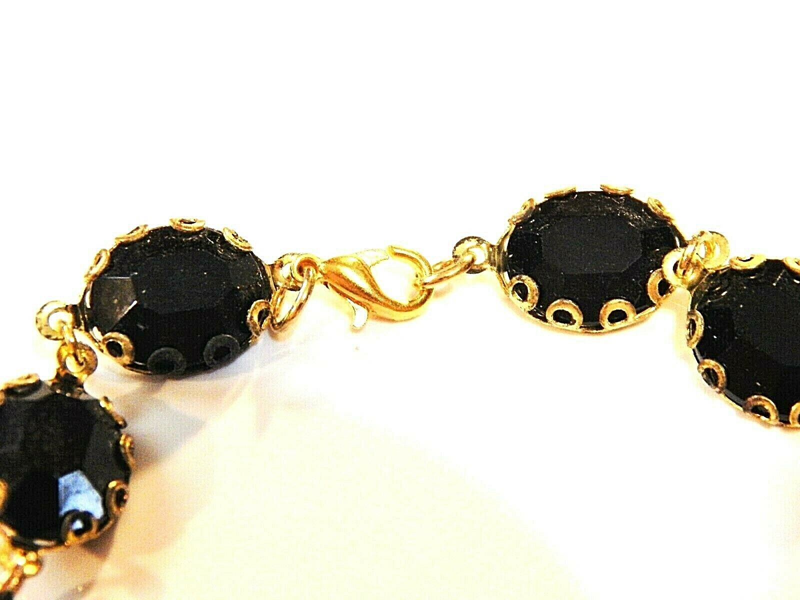 Solid Black Crystal Bracelet Vintage Antique Faceted Stones Filigree Edge GP, 8