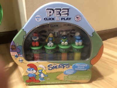 PEZ The Smurfs Click & Play Collectible tin Gameboard with 4 Figures NEW SEALED