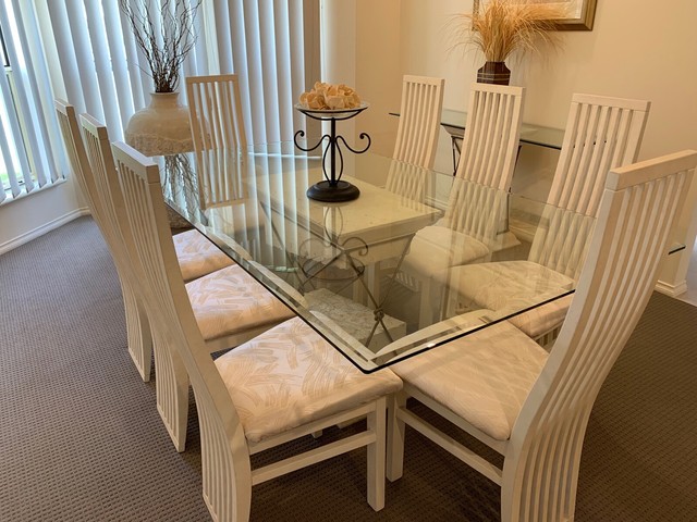Fossil stone and glass top dining table and chairs 