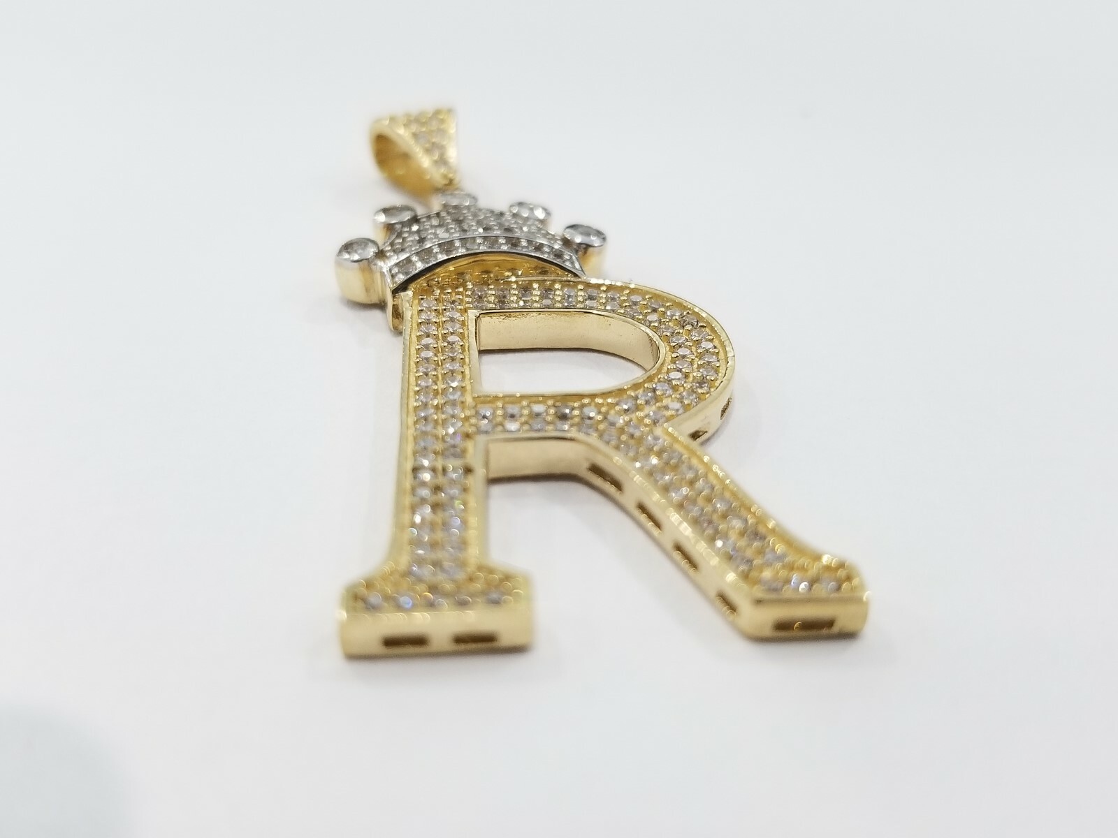 Pre-owned Crown 14k Unisex Yellow Gold  Initial Alphabet Letter R Pendant Charm King Cz