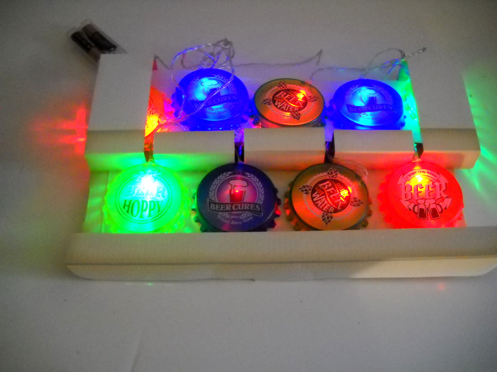 Vintage Outdoor Party Hanging String Light HAPPIE HOUR Beer Bottle caps MIB