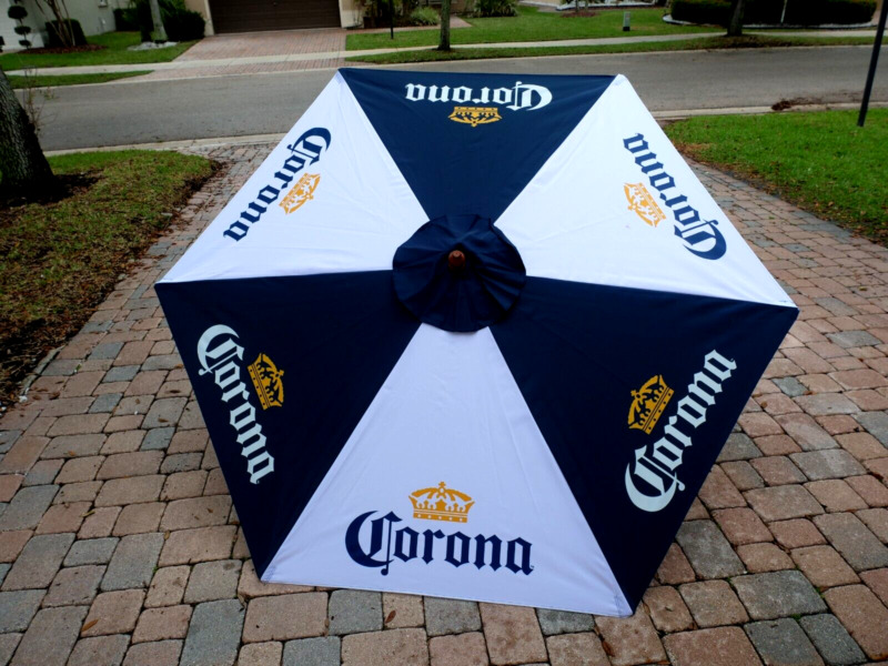 Corona Beer White Blue Patio Umbrella Wooden Pole 8 ft Bar Furniture NEW