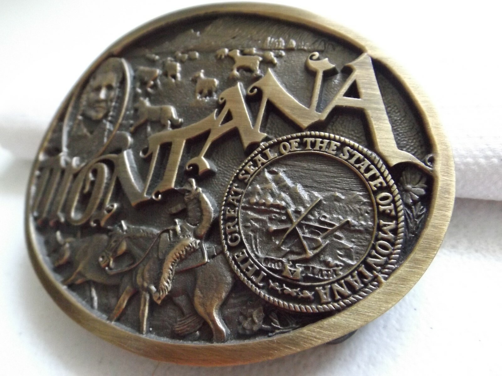 MONTANA Cowboy Indian Bull State Seal, Bronze Tone, Gift Box, Belt Buckle, NEW