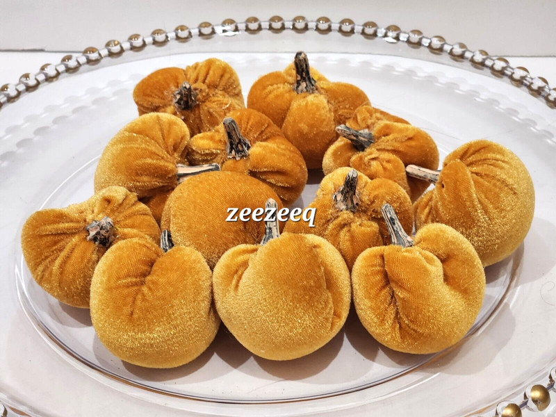 12PC FALL THANKSGIVING MINI VELVET GOLD PUMPKINS GOURDS 2" 