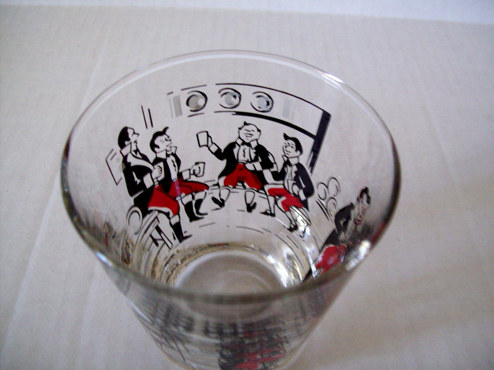 Libbey Pickwick Old Fashioned Rocks Glass tumbler Red Black bar scene 3.25