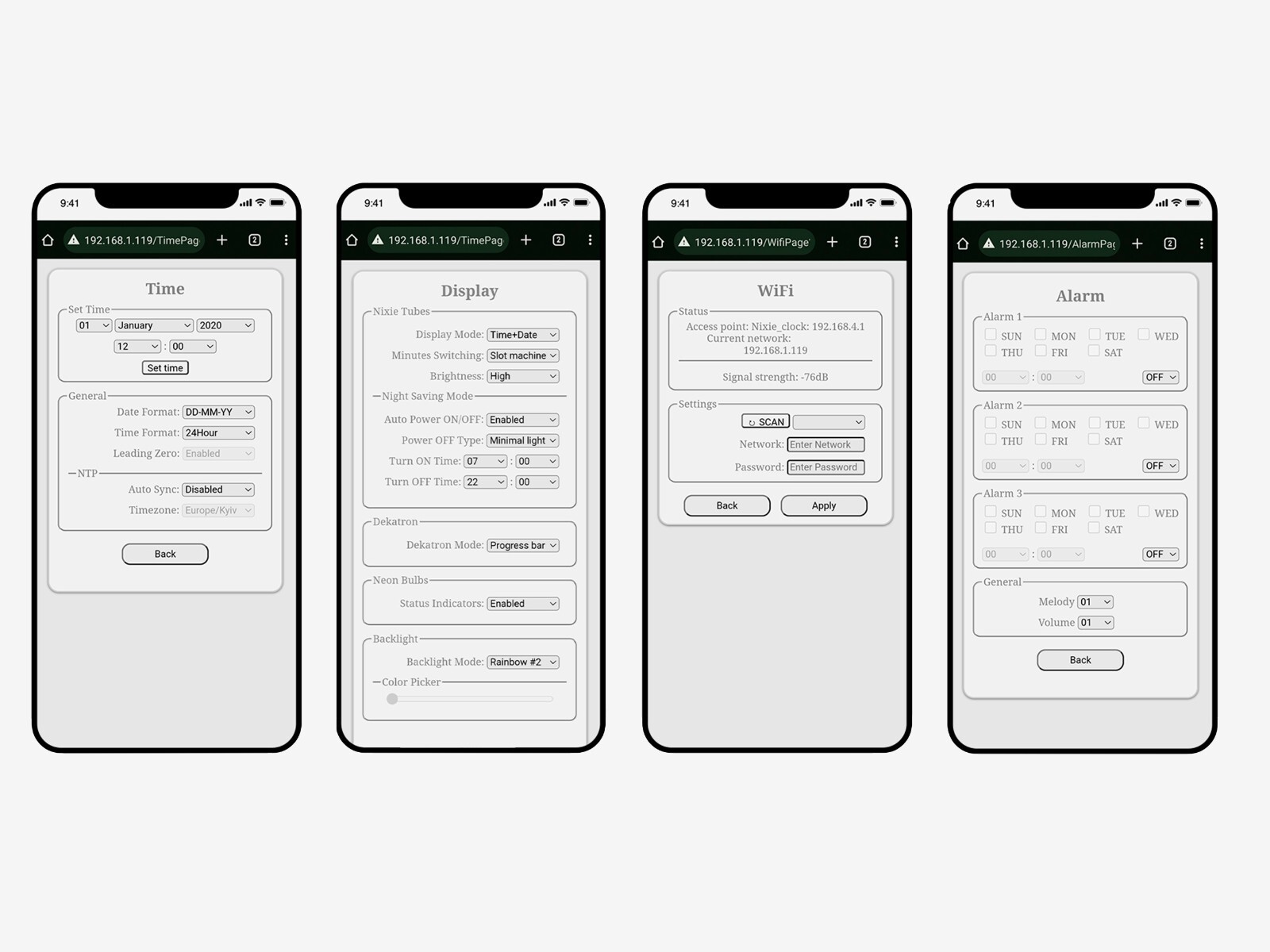 Nixie tube clock with IN-12 tubes and A-101/OG-4 dekatron in metallic case